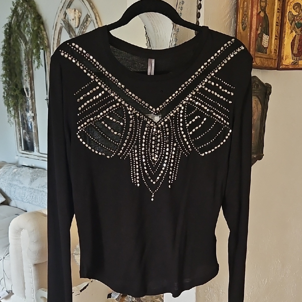 Anthropologie Black Embellished Long Sleeve Blouse